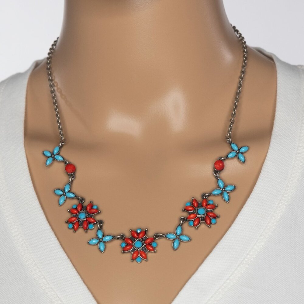 Southwestern Style Faux Turquoise & Coral Statement Necklace Silver Tone Accents